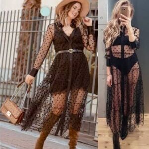 Zara Sheer Dot Midi Collared Long Sleeve